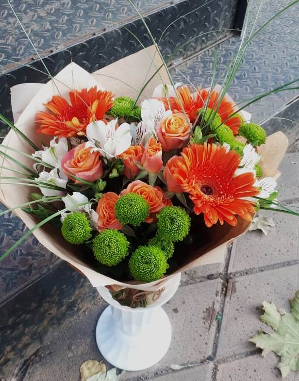 Букет цветов из: Герберы, Хризантемы, Альстромерии и Розы в Морозово