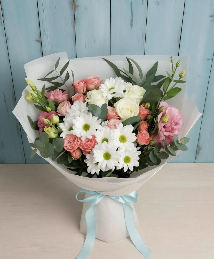 Букет цветов из: Розы, Лизиантусы и Хризантемы в Морозово