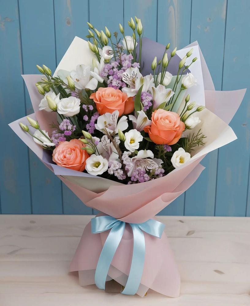 Букет цветов из: Лизиантусы, Розы, Альстромерии и Гипсофила в Морозово