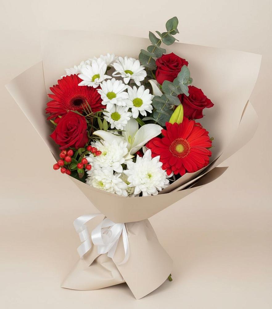 Букет цветов из: Розы, Хризантемы, Герберы и Лилии в Морозово