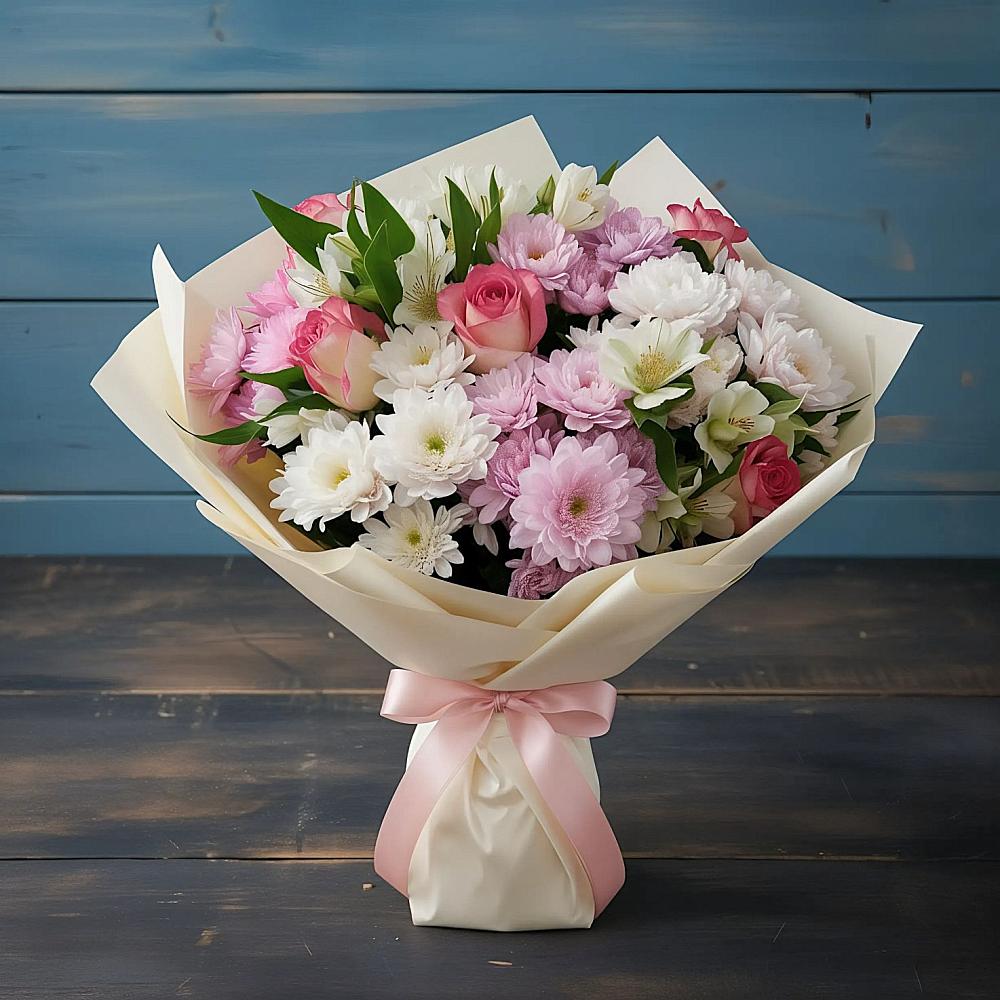 Букет цветов из: Хризантемы, Альстромерии и Розы в Морозово